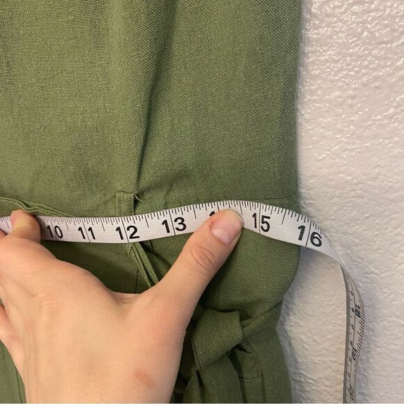Dip v neck linen blend green tie waist lagenlook boho jumpsuit romper wide leg 6 - Picture 7 of 12